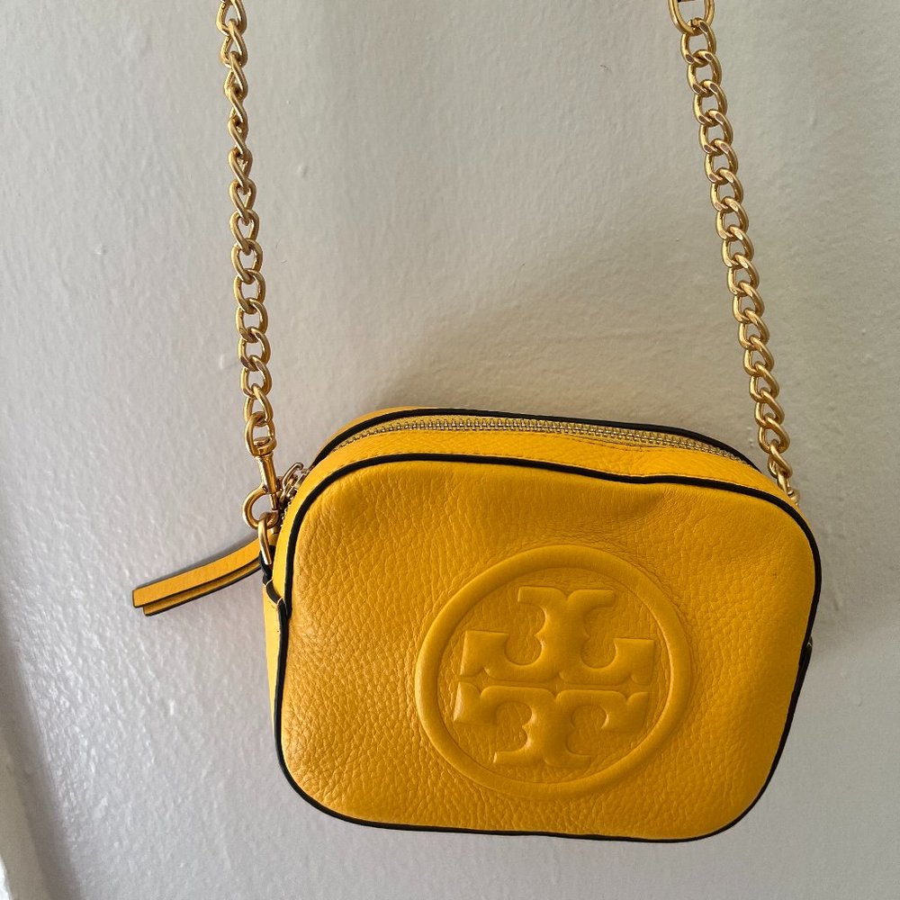 Tory Burch Yellow Pebbled Leather Camera Crossbody with Gold Chain